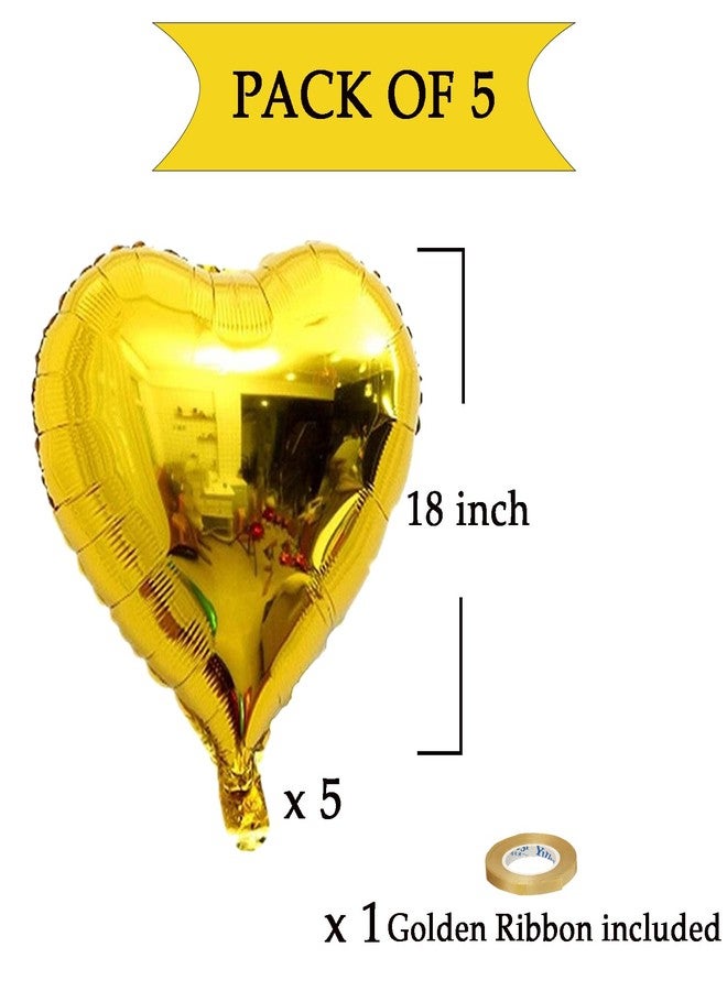 AMFIN® (Pack of 5) 18 Inch Gold Heart Shaped Balloons, Heart shape balloons for decoration, Gold heart balloons for decoration, Gold heart foil balloons, valentine balloons decoration - Gold - Image 2